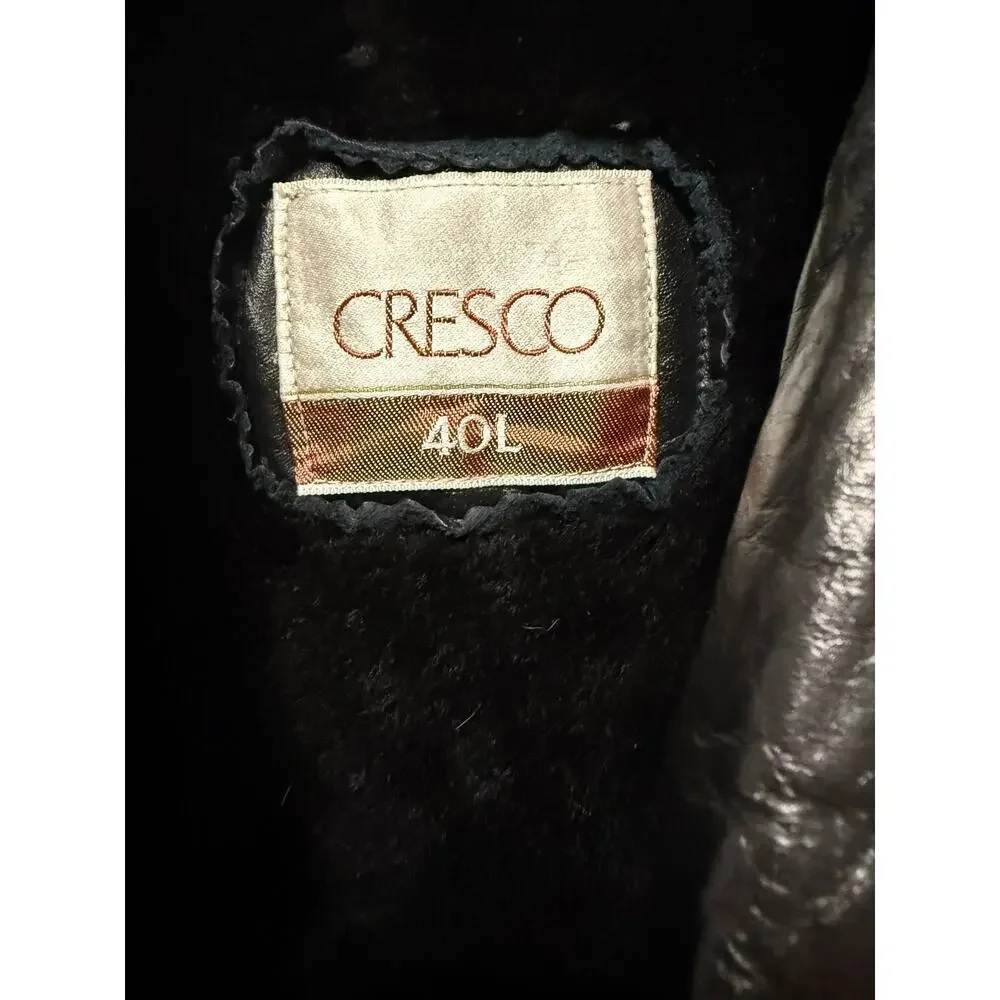Cresco Black Genuine Leather Coat Jacket Faux Fur Lined 40L Vintage 70s Overcoat